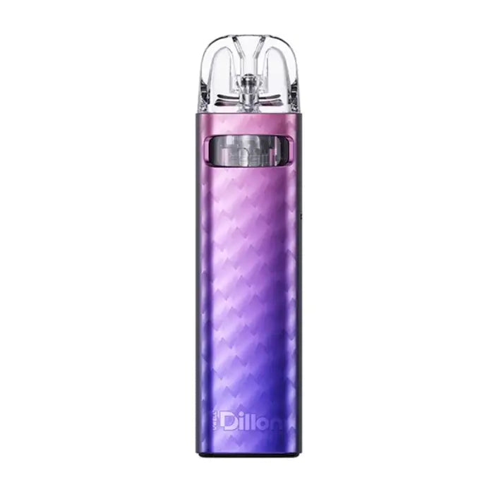 Cylindrical purple and blue vape device with a clear mouthpiece.