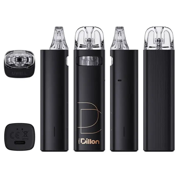 Set of sleek black electronic vaping devices with clear mouthpieces.