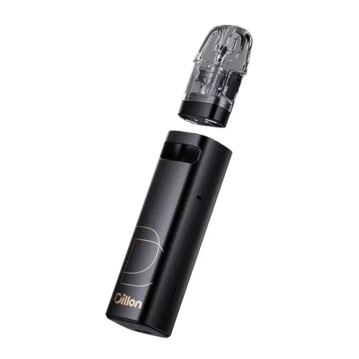 Sleek black electronic cigarette or vaping device with a detachable clear mouthpiece.