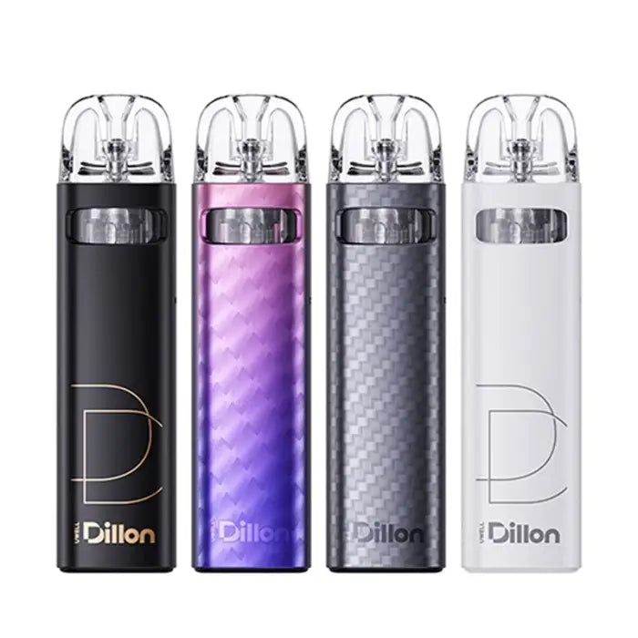 Four electronic vaping devices in different metallic colors (black, purple, gray, and white).