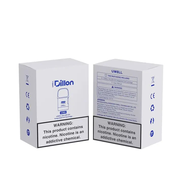 Two white product boxes for electronic cigarette pods or cartridges with warning labels about nicotine.