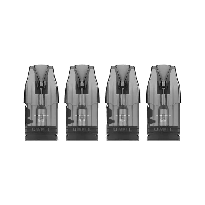 Four identical transparent vape pods or cartridges lined up in a row.