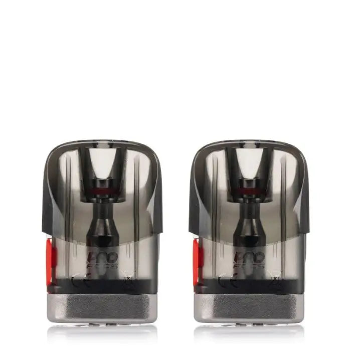 Two transparent vape pods or cartridges with black mouthpieces and red accents.