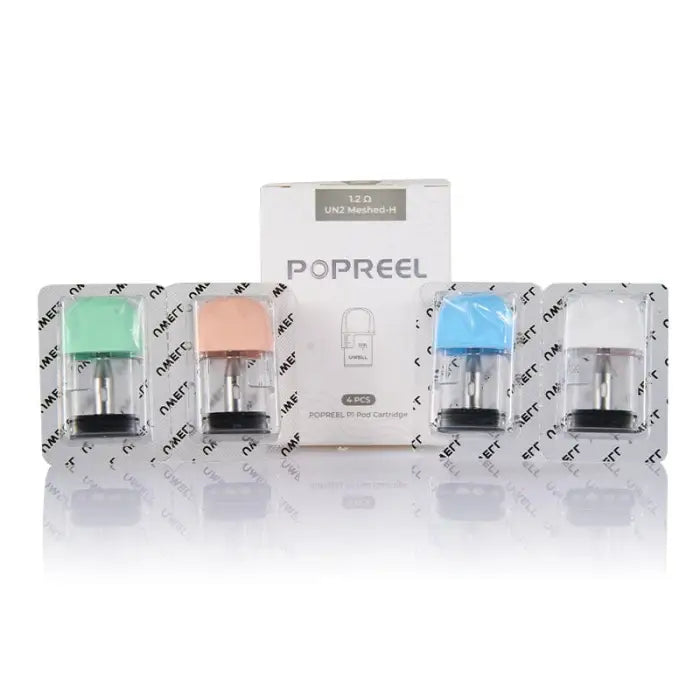 Popreel brand electronic cigarette or vaping device with multiple color-coded cartridges.