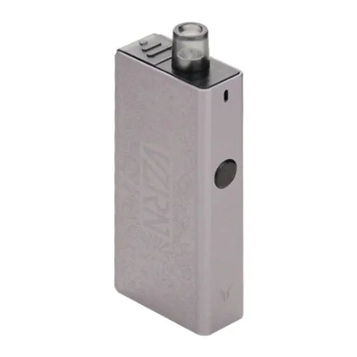 Rectangular silver electronic vaping device with a circular button and top connector.