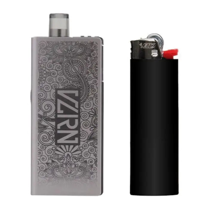 Ornately engraved metal vape device with ’VARN’ branding alongside a standard black lighter.