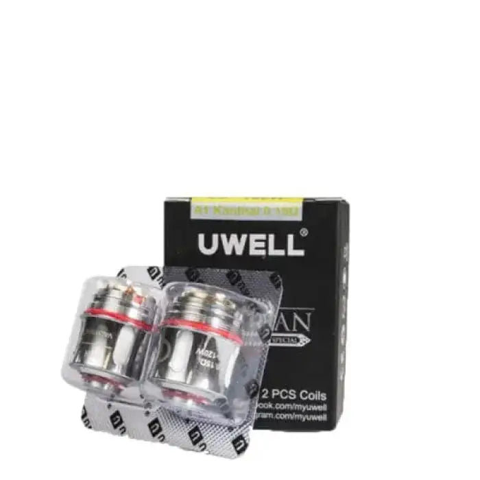 Replacement coils for an Uwell vaping device packaged in a black box.