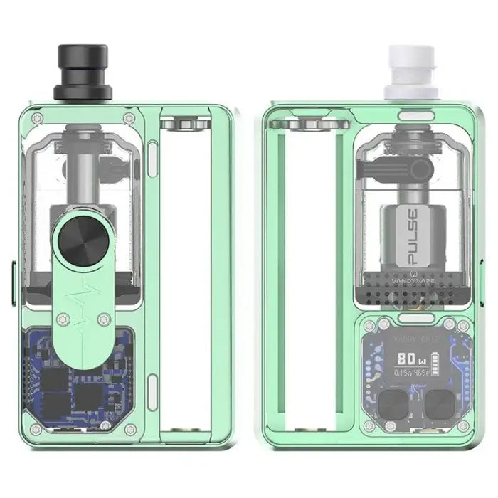 Transparent green electronic vaping device showing internal components.