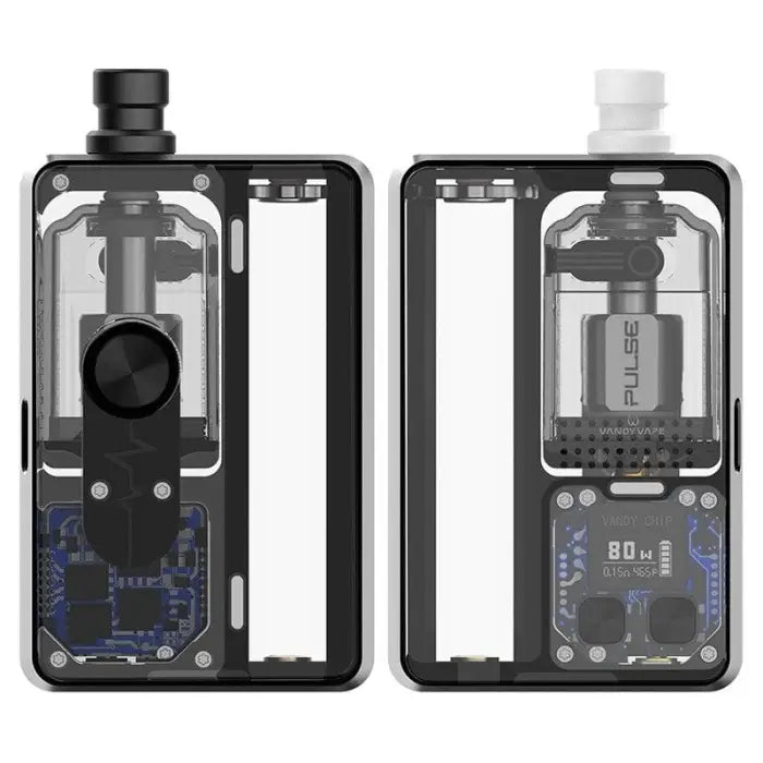 Transparent electronic vaping devices showing internal components and circuitry.