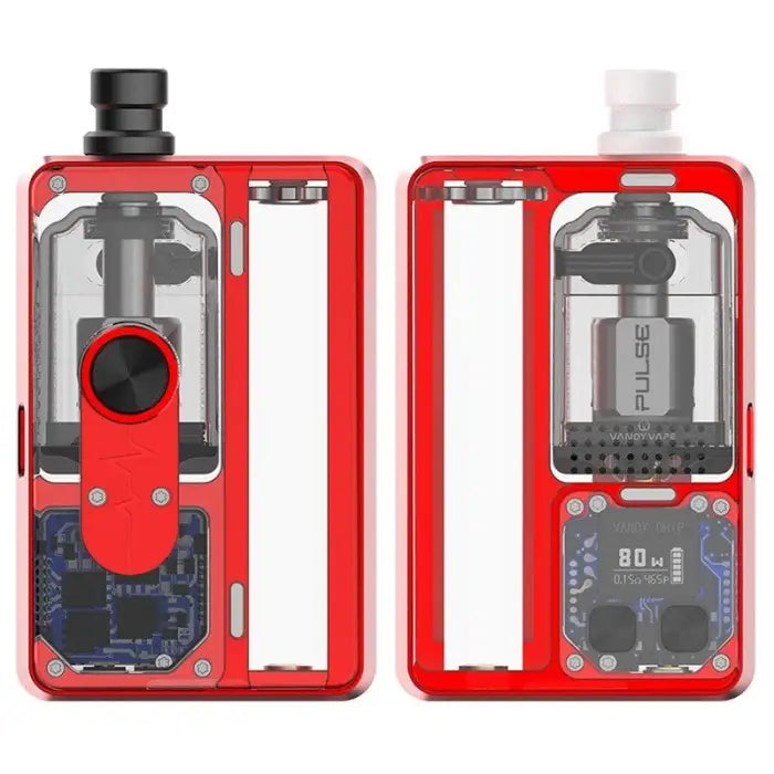 Red electronic vaping device with transparent sections showing internal components.