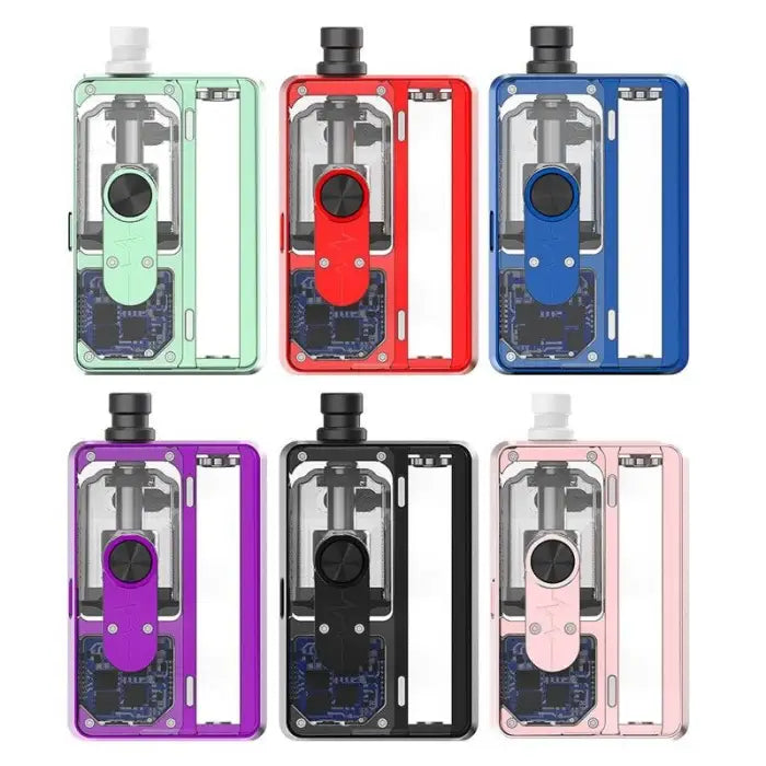 Set of six colorful vape devices or e-cigarettes in different transparent case designs.