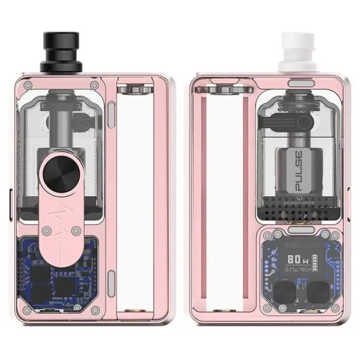 Pink vaping device with transparent panels showing internal components.