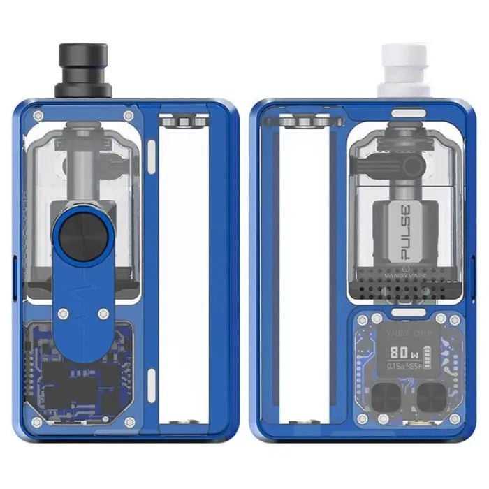 Blue electronic vaping device with transparent sections showing internal components.