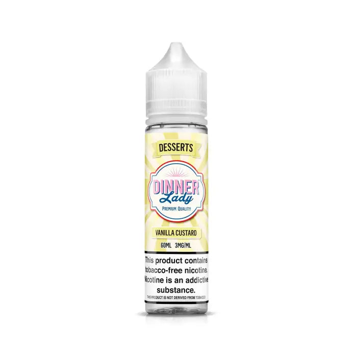 Bottle of ’Dinner Lady’ dessert-flavored e-liquid in vanilla custard flavor.