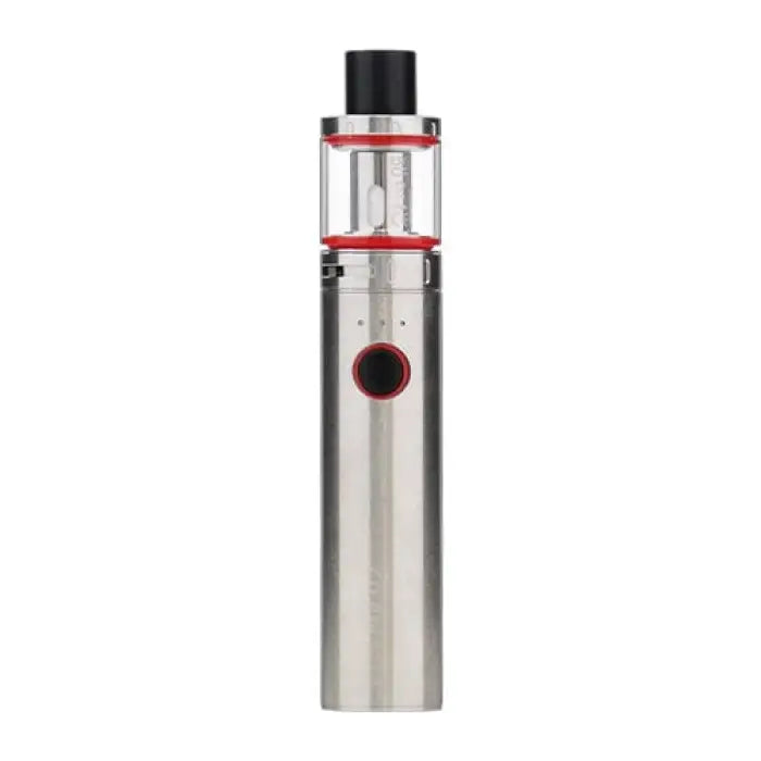 Cylindrical electronic vaping device with a glass tank and metallic body.