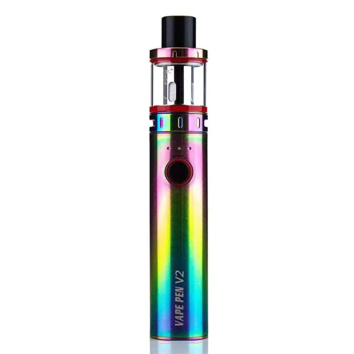 Colorful rainbow-hued vape pen or e-cigarette device with a glass tank and black mouthpiece.