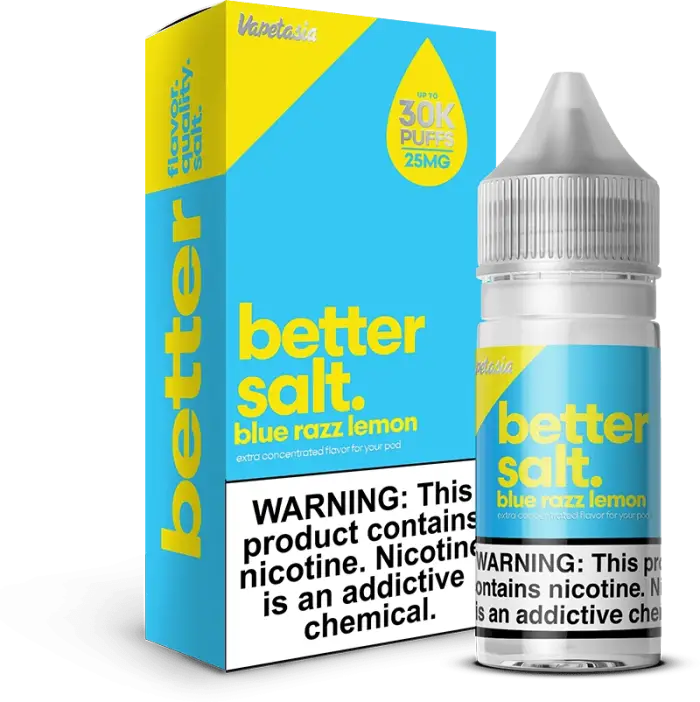 E-liquid bottle and packaging for ’Better Salt’ in blue razz lemon flavor.