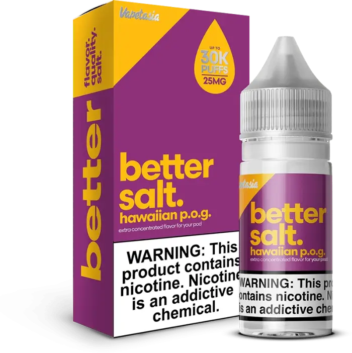 E-liquid bottle and packaging for ’Better Salt’ Hawaiian P.O.G. flavor nicotine vape juice.