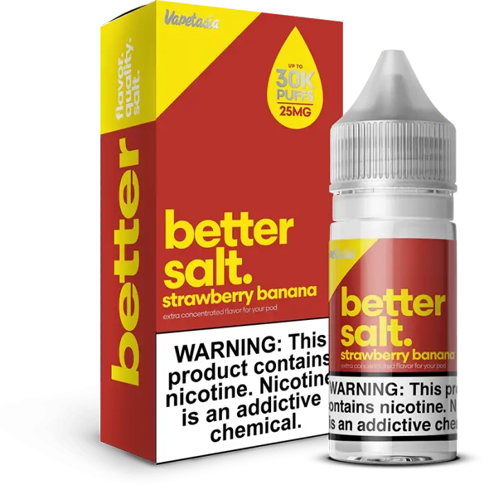 E-liquid bottle and packaging for ’Better Salt’ in strawberry banana flavor.