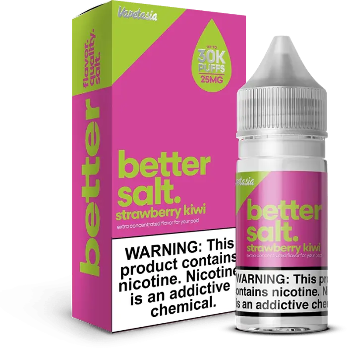 E-liquid bottle and packaging for ’Better Salt’ strawberry kiwi flavored nicotine product.