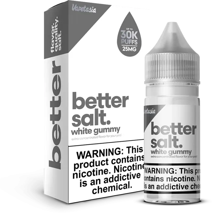 Bottle and packaging for ’Better Salt’ white gummy flavored nicotine product.