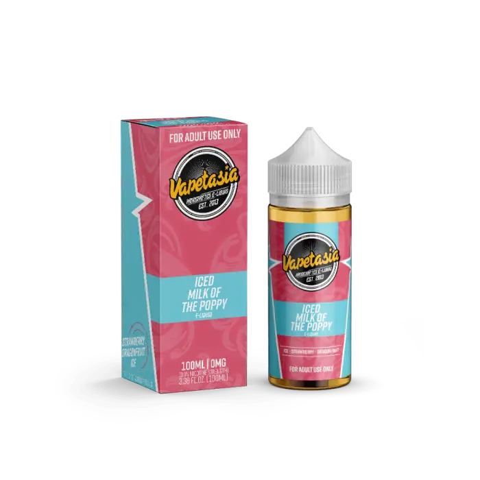 E-liquid bottle and its packaging for a vape juice flavor called ’Vapetasia Peach Milk Tea Parfait’.