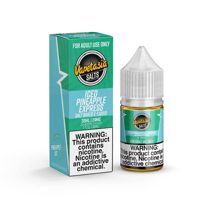 Bottle of Vapetasia Salts e-liquid in Iced Pineapple Express flavor with its packaging box.