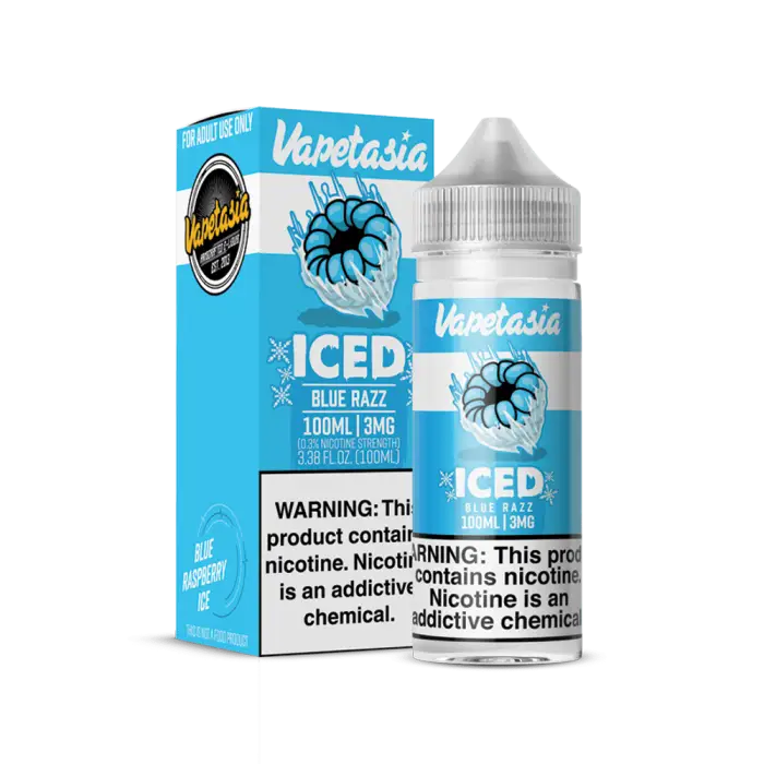 E-liquid bottle and packaging for a vape product called ’Vapetasia Iced Blue Razz’.