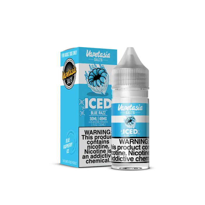 E-liquid bottle and packaging for ’Vapetasia Salts Iced Blue Razz’ vape juice.