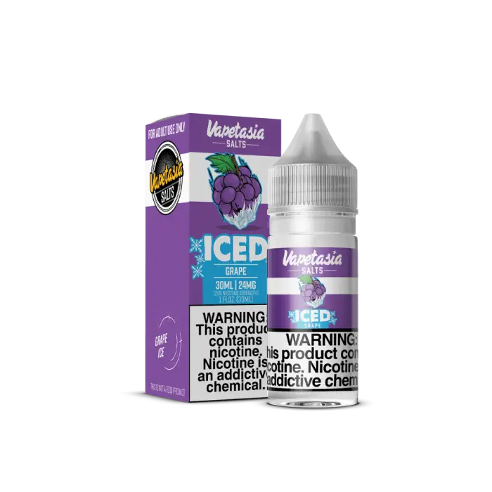 E-liquid bottle and packaging for ’Vapetasia Iced Blackberry’ flavor.