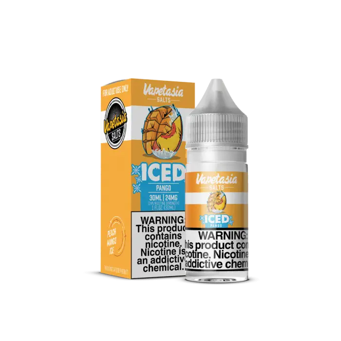 E-liquid bottle and packaging for ’Vapetasia Iced Mango’ flavor vape juice.