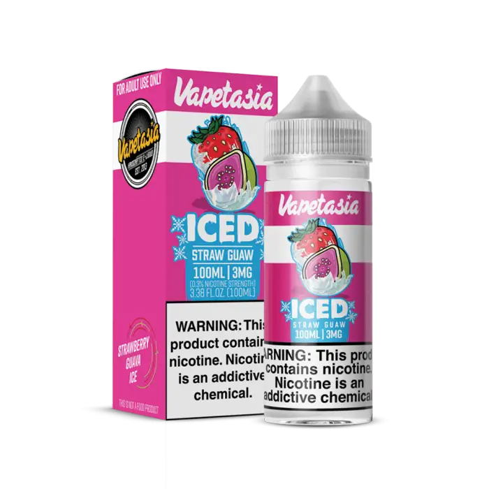 Bottle of ’Vapetasia Iced Straw Shaw’ e-liquid with pink packaging.