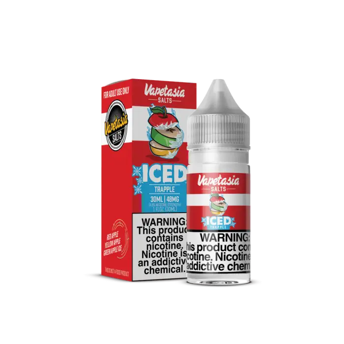 E-liquid bottle and packaging for ’Vapetasia Iced Triple Apple’ flavor vape juice.