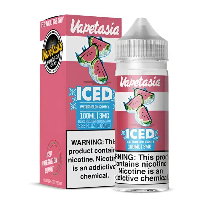 E-liquid bottle and packaging for ’Vapetasia Iced’ watermelon gummy flavor vape juice.