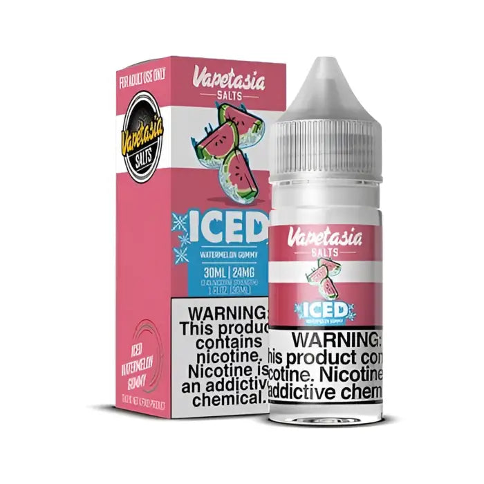 Bottle and packaging of Vapetasia Iced watermelon e-liquid for vaping.