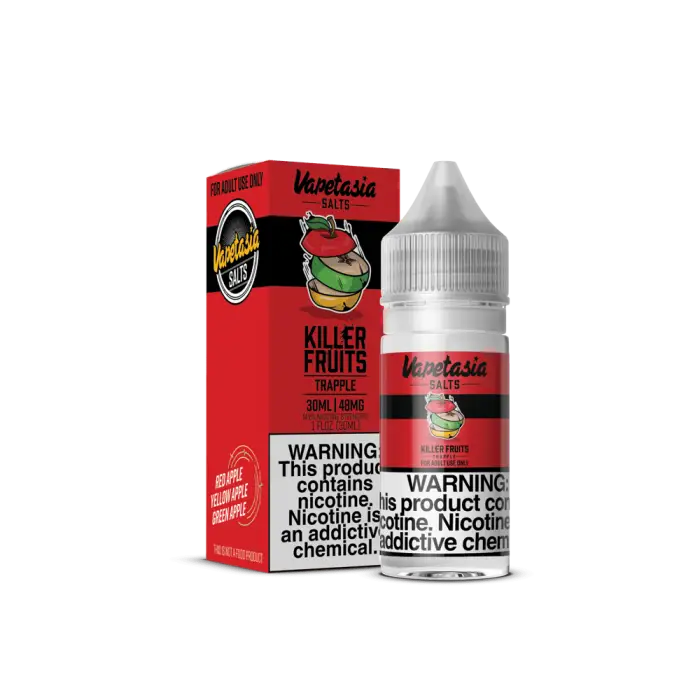 E-liquid bottle and packaging for ’Vapetasia Killer Fruits’ vape juice.