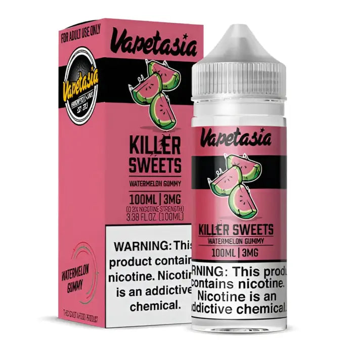 E-liquid bottle and packaging for ’Vapetasia Killer Sweets’ watermelon gummy flavor.