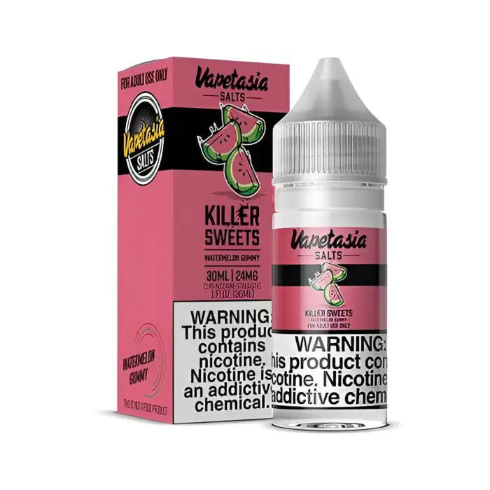 Bottle and packaging of Vapetasia Killer Sweets e-liquid in pink and white colors.