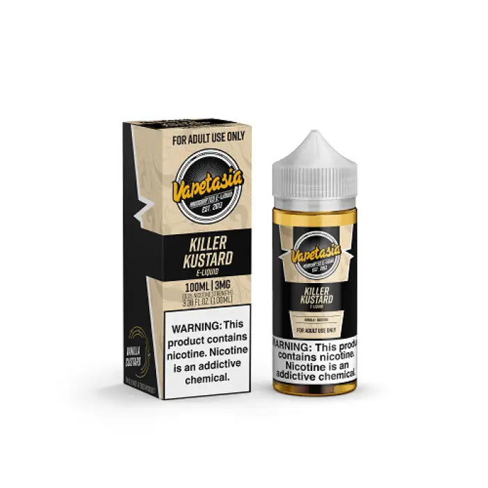 E-liquid bottle and packaging for a vape juice flavor called ’Killer Kustard’ by Vapetasia.