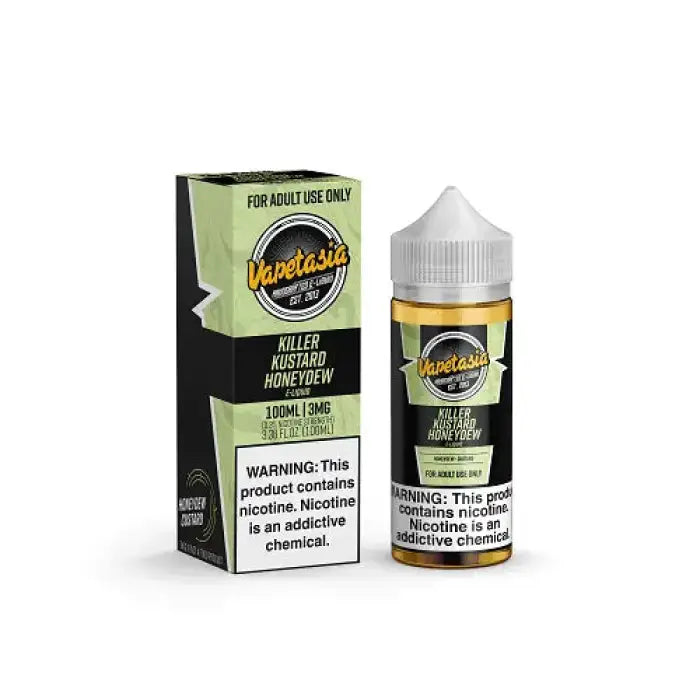 E-liquid bottle and packaging for a vape product called ’Vapetasia Killer Kustard Honeydew’ flavor.