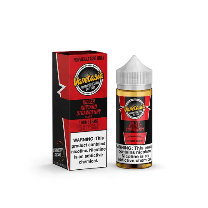 E-liquid bottle and packaging for a vape juice product called ’Vapetasia Killer Kustard Strawberry’.