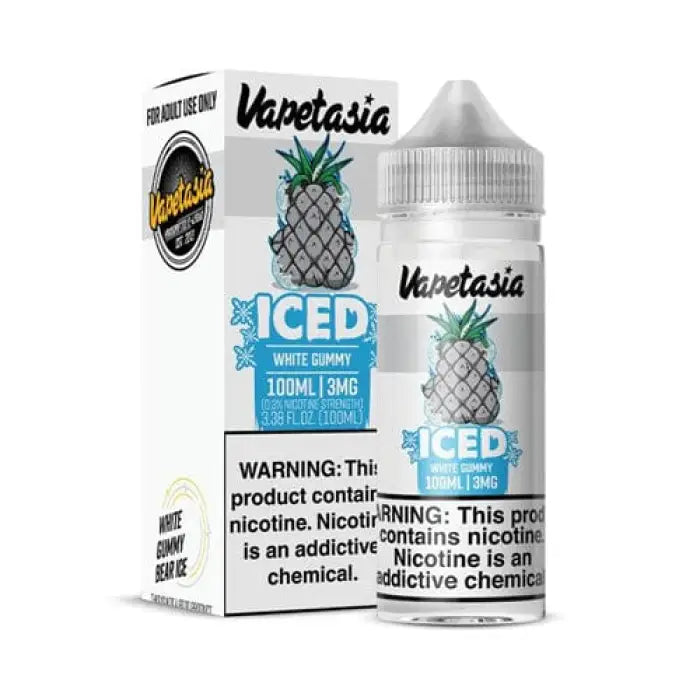 E-liquid bottle and packaging featuring a pineapple design for a vaping product called ’Vapetasia Iced White Gummy.’