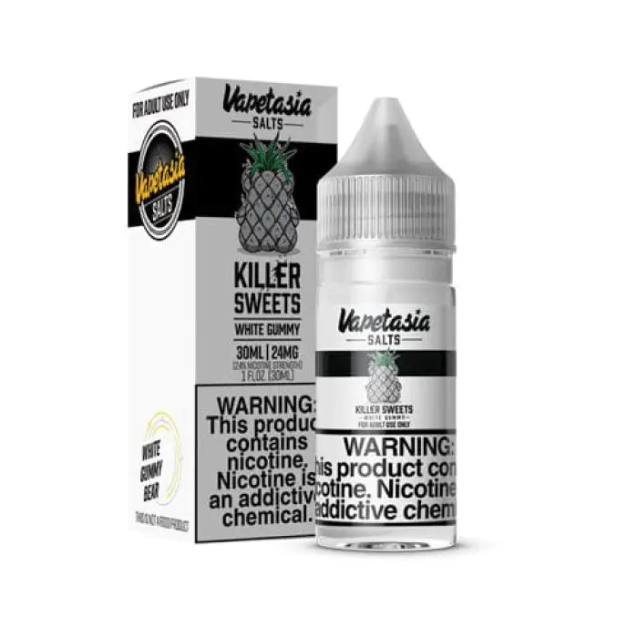 E-liquid bottle and packaging for ’Vapetasia Salts Killer Sweets’ vaping product.