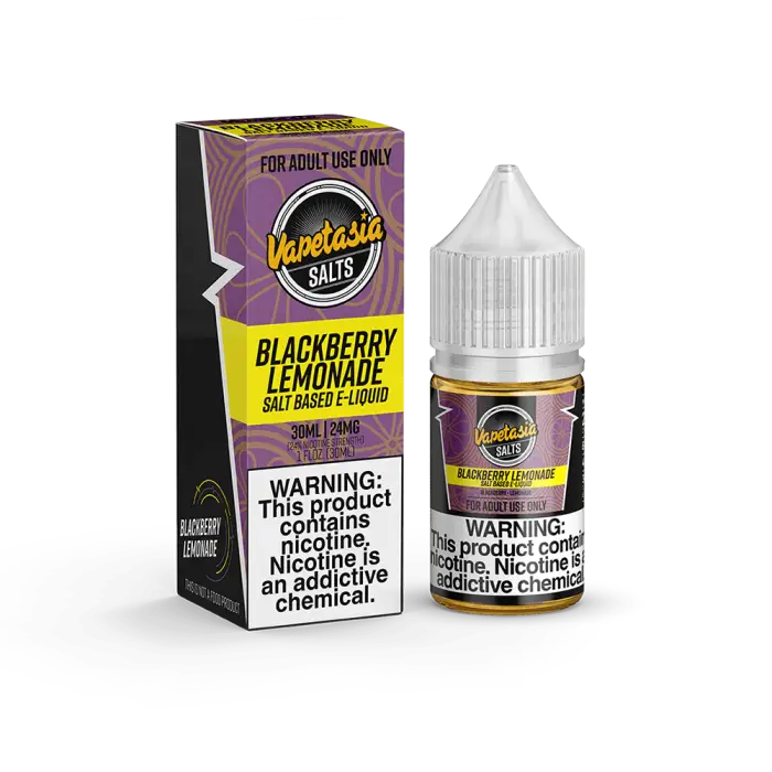 Bottle of blackberry lemonade flavored nicotine salt e-liquid with its packaging.