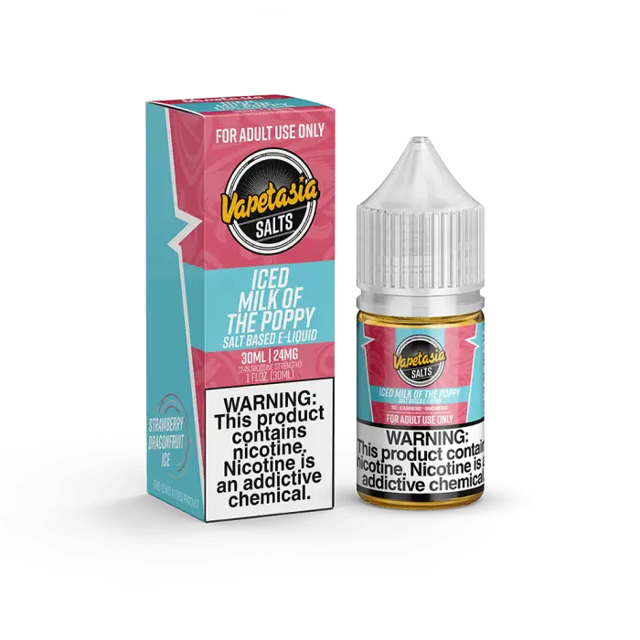 E-liquid bottle and packaging for ’Vapetasia Salts Iced Milk of the Poppy’ vape juice.