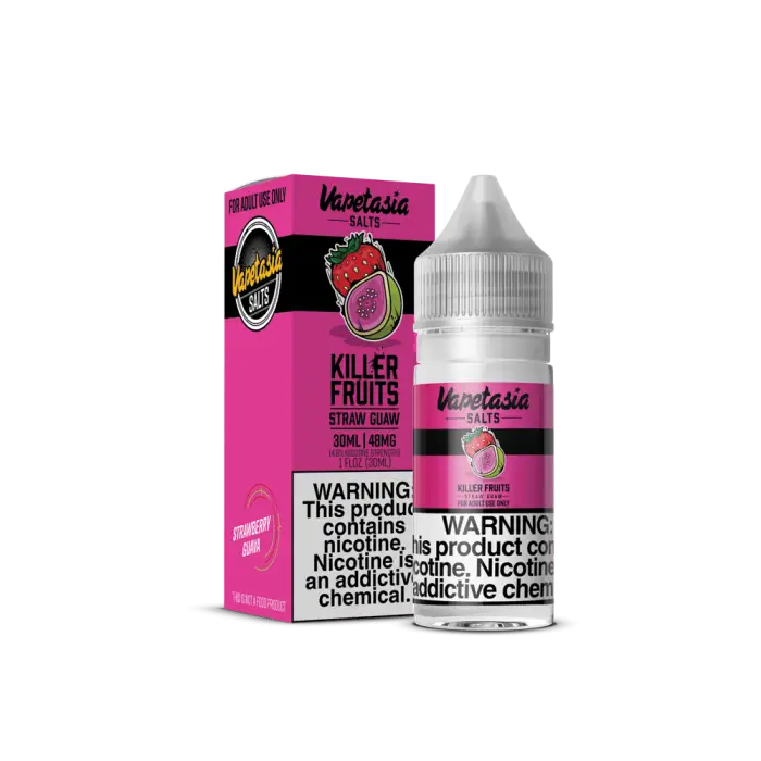 Bottle of e-liquid or vape juice with pink packaging labeled ’Vapetasia Killer Fruits’.