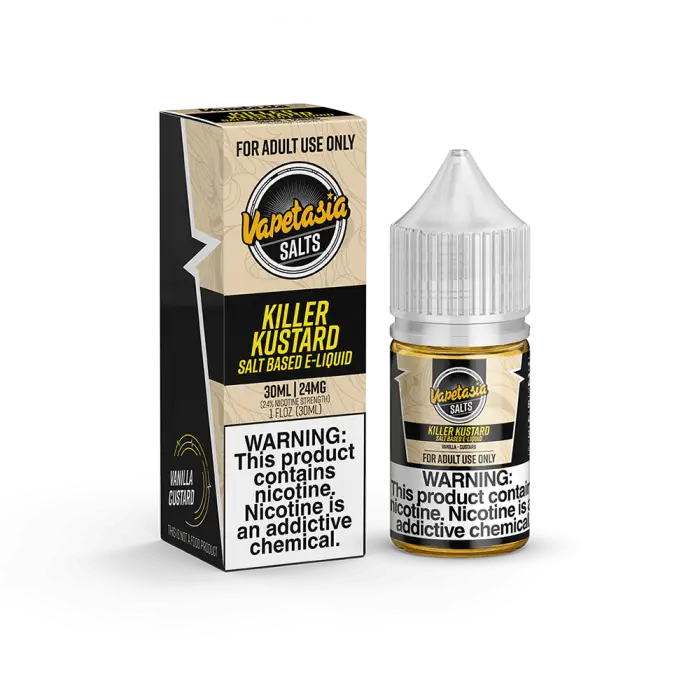 Bottle of ’Killer Kustard’ e-liquid with nicotine salts and its packaging box.