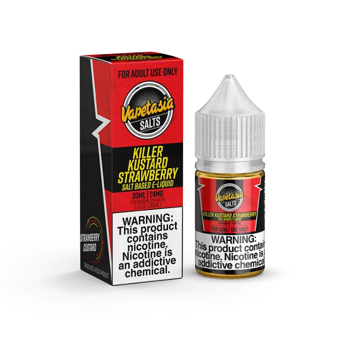 E-liquid bottle and packaging for ’Vapetasia Salts Killer Kustard Strawberry’ flavor.