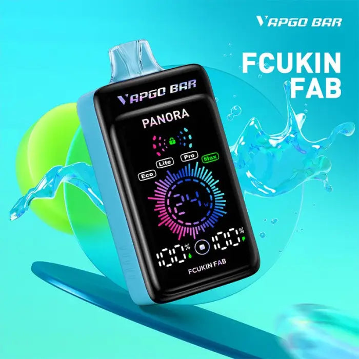 Electronic vaping device with a colorful digital display showing ’PANORA’ and various metrics.