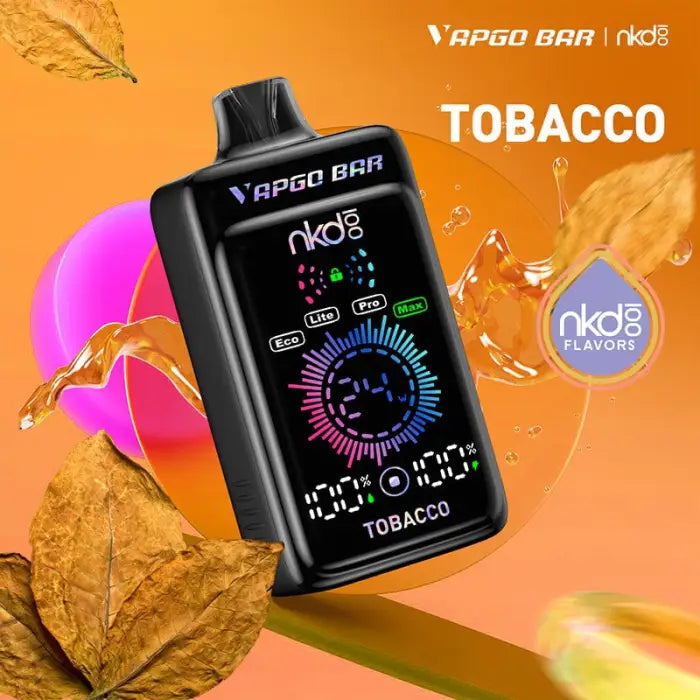 Electronic vaping device with a colorful digital display showing ’Tobacco’ flavor.